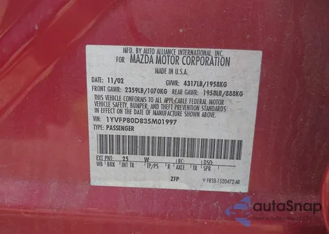 2003 Mazda Mazda6 S z USA, uszkodzony, nr VIN 1YVFP80D835M01997